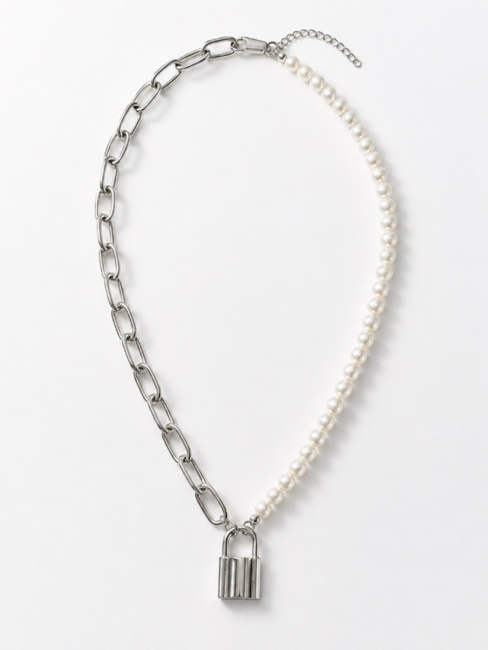 Silver-Tone Pearl & Paperclip Chain Lock Necklace